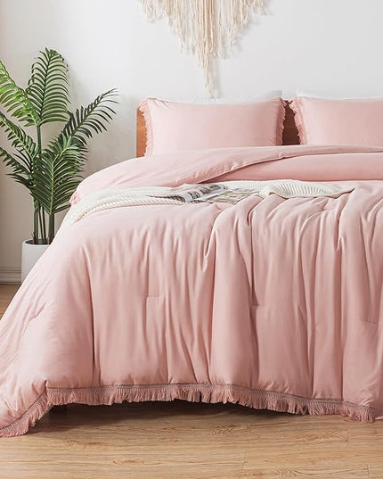 Andency Pink Comforter Set Full Size for Girls, Blush Boho Women Tassel Lightweight Bedding Comforter Sets, 3 Pieces All Season Soft Fluffy Fringe Bed Set (79x90In Comforter & 2 Pillowcases) - LeafyLoom