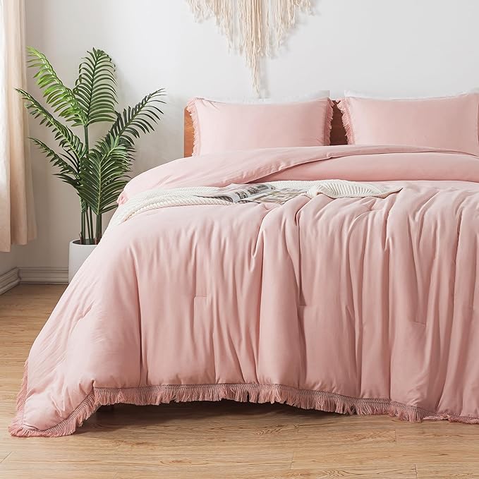 Andency Pink Comforter Set Full Size for Girls, Blush Boho Women Tassel Lightweight Bedding Comforter Sets, 3 Pieces All Season Soft Fluffy Fringe Bed Set (79x90In Comforter & 2 Pillowcases) - LeafyLoom