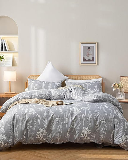 JANZAA Full Size Comforter Sets Grey Comforter Set Floral Bedding Set Microfiber Comforter Set with 2 Pillow Cases for All Season Cozy and Comfortable 3 Pieces - LeafyLoom