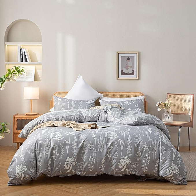 JANZAA Full Size Comforter Sets Grey Comforter Set Floral Bedding Set Microfiber Comforter Set with 2 Pillow Cases for All Season Cozy and Comfortable 3 Pieces - LeafyLoom