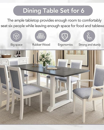 76.9 Inch Dining Table Set for 6, Extendable Dining Table Set with Removable Leaf, Kitchen Table Set with Upholstered Side Chair and Arm Chair for Dining Room, White+Grey - LeafyLoom