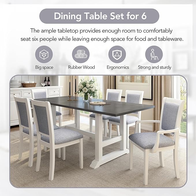 76.9 Inch Dining Table Set for 6, Extendable Dining Table Set with Removable Leaf, Kitchen Table Set with Upholstered Side Chair and Arm Chair for Dining Room, White+Grey - LeafyLoom