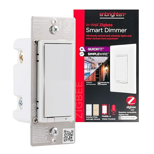 Enbrighten Zigbee Dimmer, QuickFit & SimpleWire, Pairs Directly with Echo Studio/Show 10/Plus 1st & 2nd Gen, Works WIth Alexa, Google Assistant, White & Light Almond, Smart Light Switch, 43080 Enbrighten