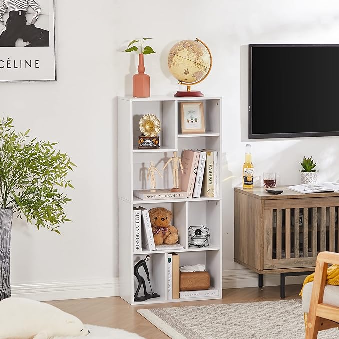 VECELO 42 Inch High Bookcase, 4-Tier Modern Storage Cabinet with Height Difference Shelves for Standard Textbooks, Floor Standing, 7 Cubes, Horizontal Available, Easy Assembly, Pearl White - LeafyLoom