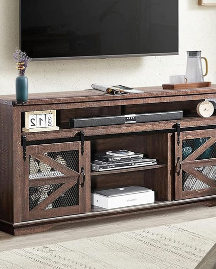 Zanzio 66" Farmhouse TV Stand for up to 75 inch TVs, Rustic Entertainment Center Media Console Table with Sliding Barn Doors Living Room Bedroom Wooden TV Cabinet (Distressed Brown) - LeafyLoom