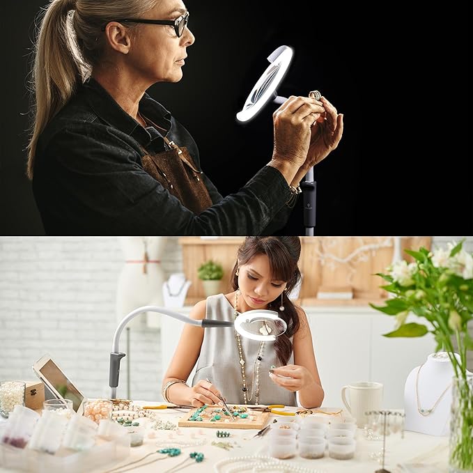 Daylight Company - Magnificent Pro - Magnifying lamp, Bright 6,000K Daylight LEDs, CRI 95+, 3 in 1 Lamp, 1.75X semi-Rimless Lens, Lumens: 600, White - LeafyLoom