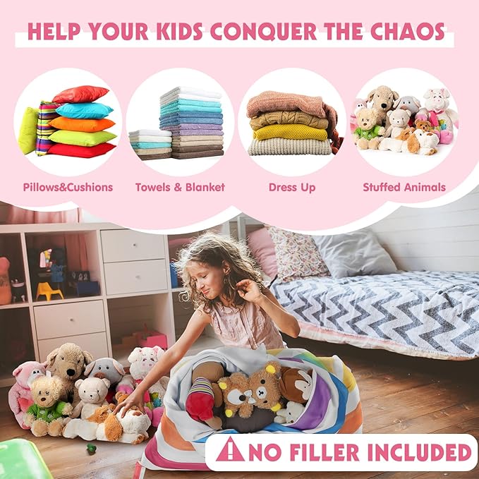 Stuffed Animal Storage Bean Bag Chair Cover Organizer Extra Large Beanbag Stuffed Animal Holder Canvas Stuff Animal Storage Sleeping Storage Bean Bag Chair Without Filling for Kids (Rainbow Style) - LeafyLoom