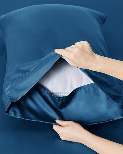 Bedsure Twin XL Sheet Set Dorm Bedding, Cooling Sheets Twin Extra Long Sheets, Rayon Derived from Bamboo, Deep Pocket Up to 16", Hotel Luxury Silky Bedding Sheets & Pillowcases, Peacock Blue - LeafyLoom