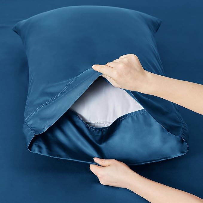 Bedsure Twin XL Sheet Set Dorm Bedding, Cooling Sheets Twin Extra Long Sheets, Rayon Derived from Bamboo, Deep Pocket Up to 16", Hotel Luxury Silky Bedding Sheets & Pillowcases, Peacock Blue - LeafyLoom