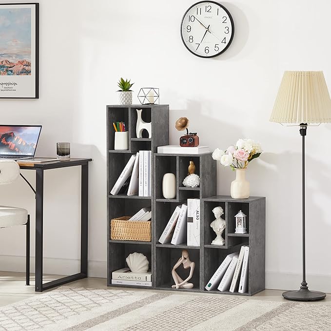 VECELO Small Bookshelf, 5 Cube Slim Bookcase, Fits Tallest Hardcovers, Horizontal Available, Modern Floor Standing Unit, Each Shelf Hold Up to 66 LBS,Modern Gray - LeafyLoom
