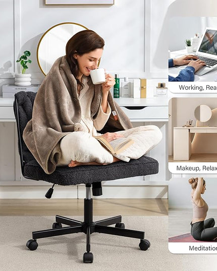 Criss Cross Legged Office Desk Chair with Wheels, Modern Armless Desk Chair with Wide Seat, Home Office Chair for Work, Meditation, Vanity, Black - LeafyLoom