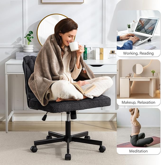 Criss Cross Legged Office Desk Chair with Wheels, Modern Armless Desk Chair with Wide Seat, Home Office Chair for Work, Meditation, Vanity, Black - LeafyLoom