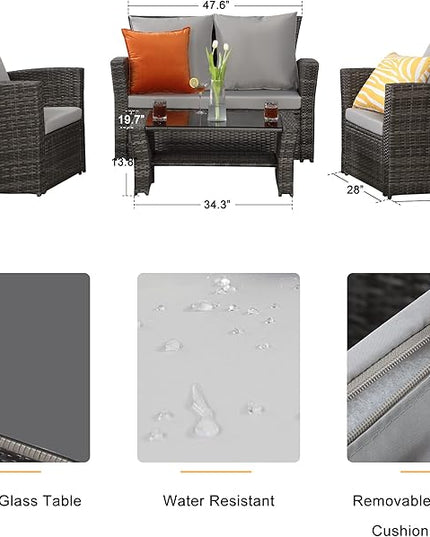 Solaste 4 Piece Patio Outdoor Furniture Sets,Patio Conversation Sofa Wicker Chair with Cushion,Hand Woven Rattan Sofa for Porch Backyard Outside Garden Lawn Yard,Grey - LeafyLoom