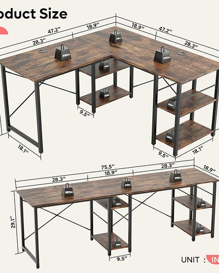 Bestier L Shaped Computer Desk, Reversible Corner Office Desk with Shelves, 75 Inch 2 Person Long Desk, Writing Study Table for Home Office Bedroom Small Space Apartment (Rustic Brown) - LeafyLoom
