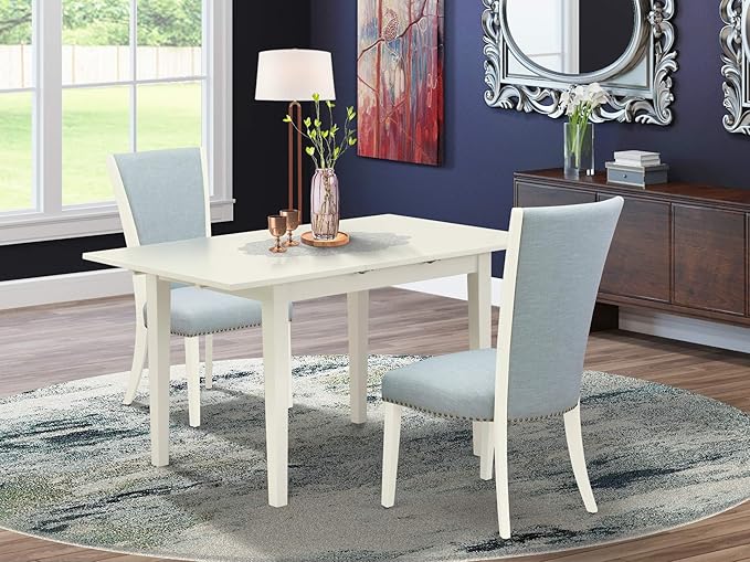 East West Furniture Norfolk 3 Piece Dining Room Set Contains a Rectangle Kitchen Table with Butterfly Leaf and 2 Baby Blue Linen Fabric Parson Chairs, 32x54 Inch, NFVE3-WHI-15 - LeafyLoom