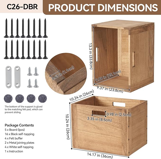 KIRIGEN Stackable Wood Storage Cube/Basket/Bins Organizer for Home Books Clothes Toy Modular Open Cubby Storage System - Office Cubical Bookcase Closet Shelves C26-DBR - LeafyLoom