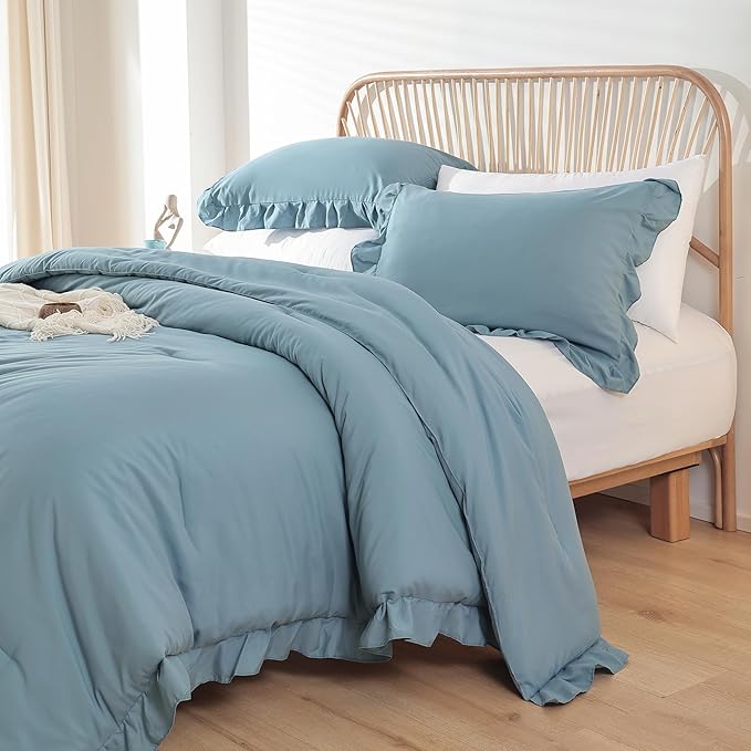 JANZAA Comforter Set Full Size Mineral Blue Ruffle Comforter 3PCS Soft Fluffy Comforter Vintage Farmhouse Bed Comforter Set Shabby Chic Bedding with 2 Pillowcases - LeafyLoom