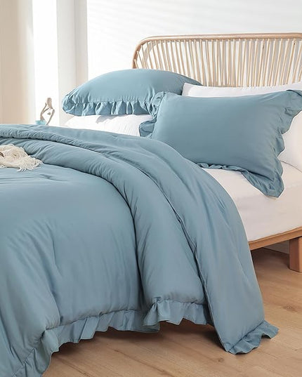 JANZAA King Size Comforter Set Mineral Blue Ruffle Comforter 3PCS Soft Fluffy Boho Comforter Vintage Farmhouse Bed Comforter Set Shabby Chic Bedding with 2 Pillowcases for All Season - LeafyLoom