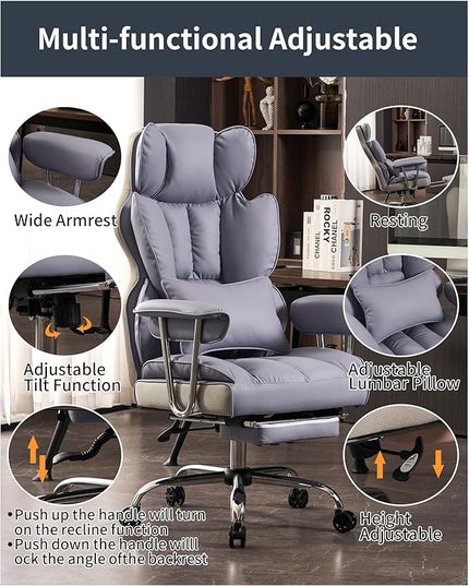 Desk Office Chair 400LBS,Big and Tall PU Leather Computer Chair,Executive Office Chair with Leg Rest and Lumbar Support, High Back Home Office Chair，Light Purple Office Chair - LeafyLoom