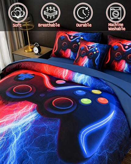 DORCAS Gamer Comforter Sets with Sheets for Boys,Twin Size Gamer Bedding Sets Boys,6 Pieces Lightning Gaming Comforter Set for Boys Kids Teens (Red&Blue, Twin) - LeafyLoom