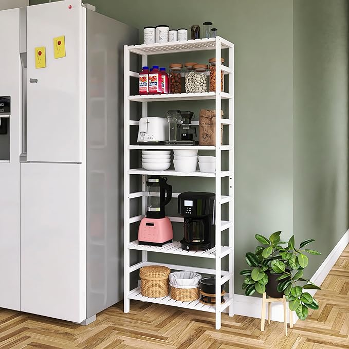 Bookshelf, 6-Tier Tall Bookcase Freestanding Bamboo Book Shelf Bathroom Storage Organizer with Adjustable Shelves, White - LeafyLoom