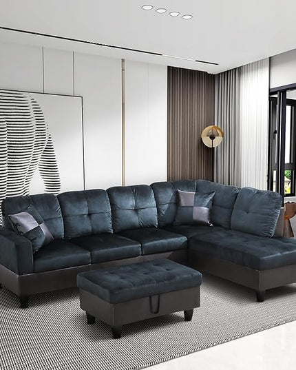 ROOMTEC 3 Piece L Shaped Sectional Sofa Set with Storage Ottoman, Right Facing Chaise Longue, Reversible Backrest w/ 2 Cup Holders, Lint Tufted Cushions, for Living Room, Dark Blue and Brown - LeafyLoom