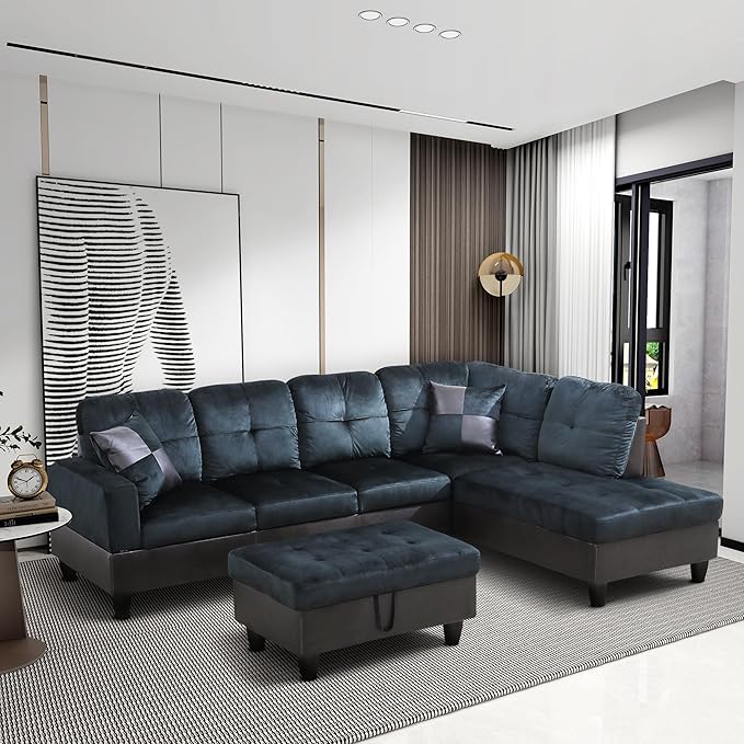 ROOMTEC 3 Piece L Shaped Sectional Sofa Set with Storage Ottoman, Right Facing Chaise Longue, Reversible Backrest w/ 2 Cup Holders, Lint Tufted Cushions, for Living Room, Dark Blue and Brown - LeafyLoom