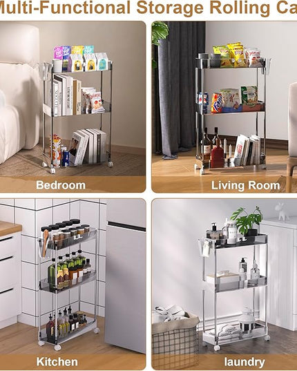 VECELO 3-Tier Clear Rolling Storage Cart,Acrylic Bathroom Utility Cart Kitchen Storage Organizers,Mobile Carts with 2 Lockable Wheels&Hooks for Livingroom Office Home,Clear - LeafyLoom