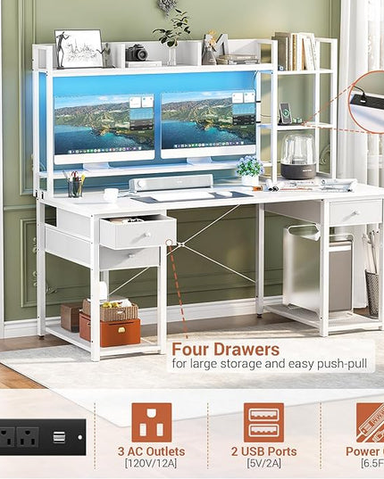 Aheaplus Desk with LED and Outlets, Gaming Desk with Hutch, 55.2'' Computer Desk with Drawers, Reversible Office Desk with Storage Bookshelf Large Workstation Desk with Shelf, Desk for Home, White - LeafyLoom
