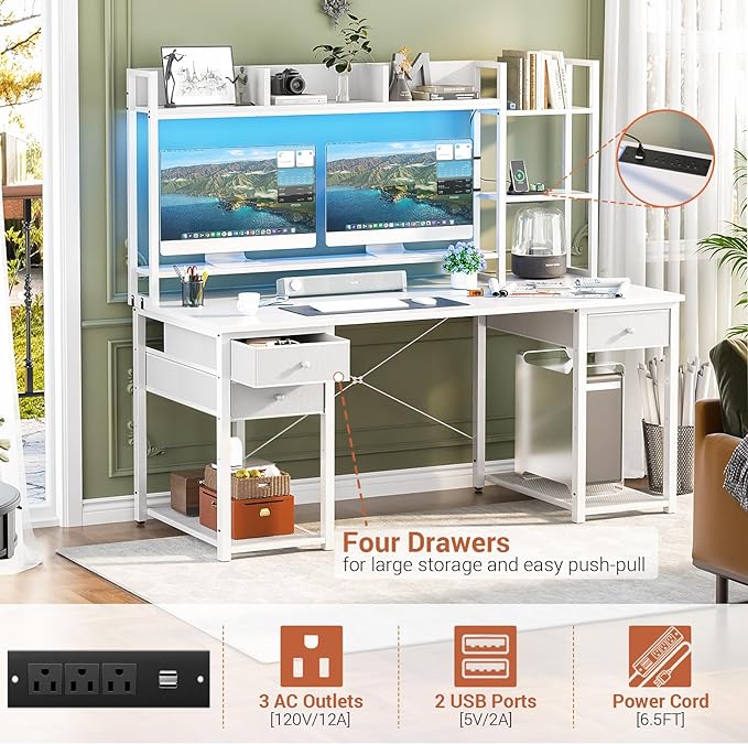Aheaplus Desk with LED and Outlets, Gaming Desk with Hutch, 55.2'' Computer Desk with Drawers, Reversible Office Desk with Storage Bookshelf Large Workstation Desk with Shelf, Desk for Home, White - LeafyLoom