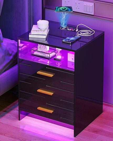 HNEBC Black Nightstand with Wireless Charging Station and Lights, 3 Drawers, Modern Bedside Table with Human Sensor for Bedroom - LeafyLoom