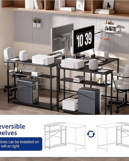 Pamray 43 Inch L Shaped Computer Desk with Reversible Side Storage Shelves, Small Corner Desk for Small Space Home Office,Writing Study Table Gaming PC Desk for Bedroom,Black - LeafyLoom