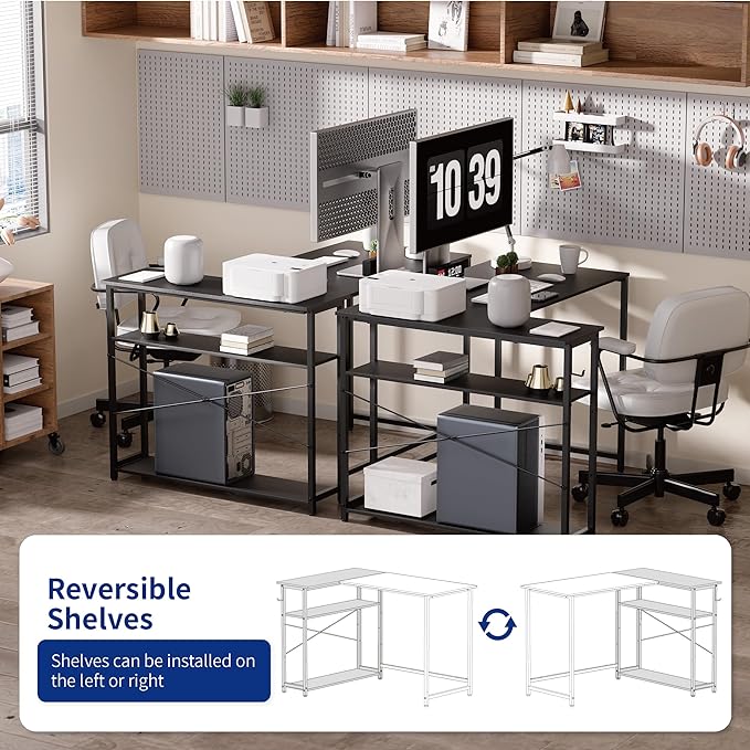 Pamray 43 Inch L Shaped Computer Desk with Reversible Side Storage Shelves, Small Corner Desk for Small Space Home Office,Writing Study Table Gaming PC Desk for Bedroom,Black - LeafyLoom