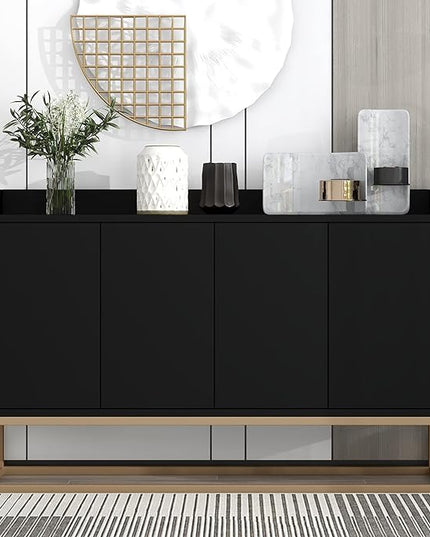 Sideboard Buffet Cabinet with Large Storage Space,Modern Particle Board Kitchen Console Table,W/ 4 Doors and Gold Metal Legs,Dining Room,Entryway,Black, 47.2" - LeafyLoom