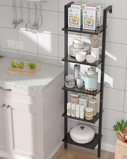 YMYNY 5 Tiers Narrow Ladder Bookcase, Industrial Wall Mounted Bookshelf, Open Display Rack with Metal Frame, Wooden Storage Shelves for Bedroom, Home Office, Living Room, Black, 70*17.3*11.8"UHBC015B - LeafyLoom
