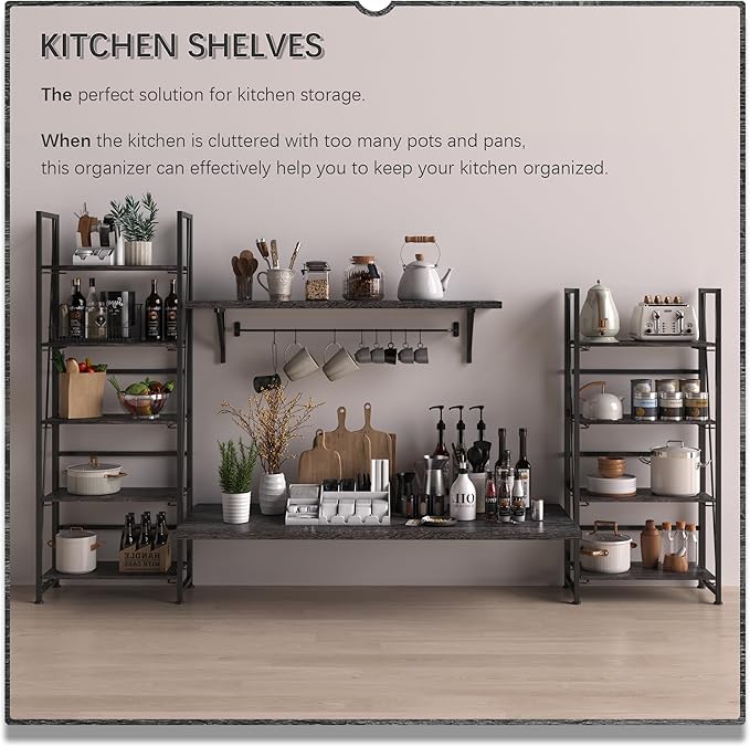 4NM No-Assembly Folding Bookshelf Storage Shelves 5 Tiers Vintage Bookcase Standing Racks Study Organizer Home Office (Gray) - LeafyLoom