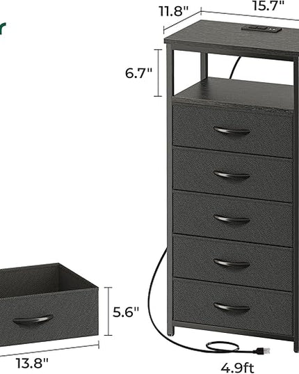5 Drawers Dresser with Charging Station, Dresser for Bedroom, Tall Night Stand, Chest of Drawers with Open Shelf, Bedside Table Nightstand, Fabric Dresser Storage Drawers, for Entryway, Black - LeafyLoom