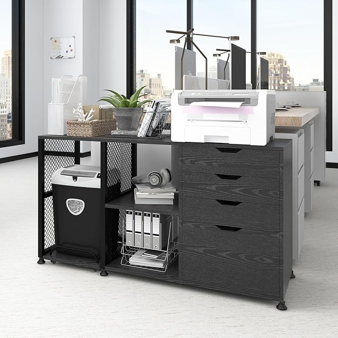 PUNCIA Office Lateral File Storage Cabinet with Paper Shredder Stand On Wheel Large Lateral Filing Cabinet with Drawers Filing Cabinet Organizer Printer Stand with Storage for Home Office - LeafyLoom
