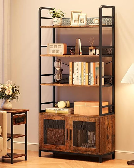 GAOMON Industrial Bookshelf with Doors 70.87" Tall Bookcase with 4 Tiers Open Storage Shelf Rustic Bookshelves Display Rack Cabinet Farmhouse Bookshelf for Bedroom, Living Room, Home Office, Brown - LeafyLoom