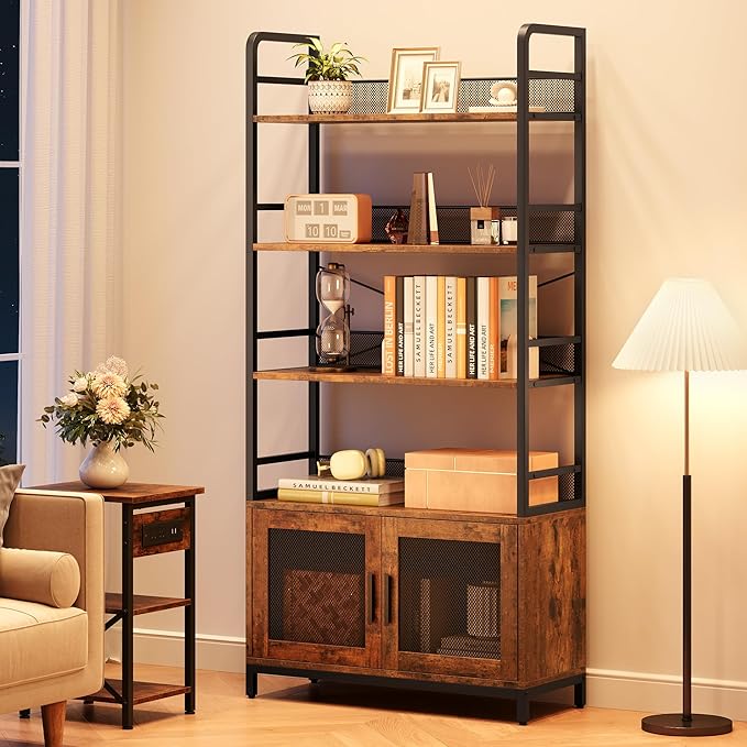 GAOMON Industrial Bookshelf with Doors 70.87" Tall Bookcase with 4 Tiers Open Storage Shelf Rustic Bookshelves Display Rack Cabinet Farmhouse Bookshelf for Bedroom, Living Room, Home Office, Brown - LeafyLoom