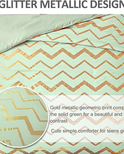 Sage Green/Gold Comforter Set Queen, Metallic Print Glitter Bedding Set Cute Shinny Bed Sets for Teen Girls Kids Women, 4 Piece (2 Pillowcases, 1 Decorative Pillow Sham) - LeafyLoom