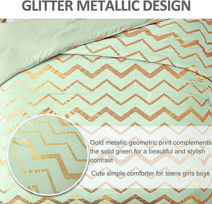 Sage Green/Gold Comforter Set Queen, Metallic Print Glitter Bedding Set Cute Shinny Bed Sets for Teen Girls Kids Women, 4 Piece (2 Pillowcases, 1 Decorative Pillow Sham) - LeafyLoom