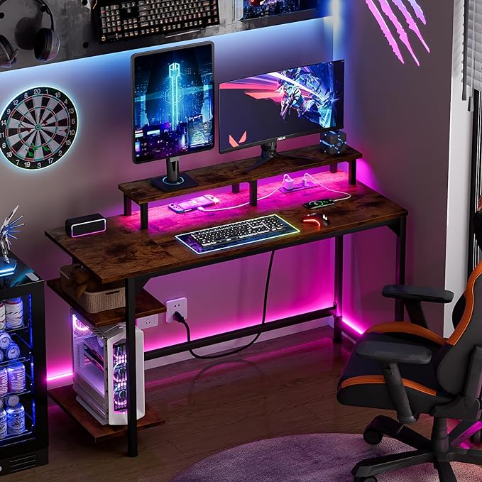 Furologee Desk with Power Outlets and LED Lights, 47" Computer Office Desk with Shelves and Fabric Drawer, Reversible Gaming Study Table with Monitor Stand and Hooks, Rustic Brown - LeafyLoom