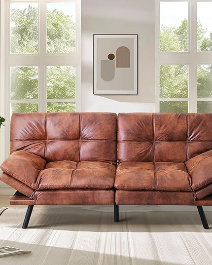 MUUEGM Faux Leather Futon Sofa Bed, Convertible Memory Foam Couch Bed, Modern Love Seat for Living Room,Compact Space,Apartment,Office,Adjustable Backrests Armrests Couch Sleeper,71" Brown - LeafyLoom