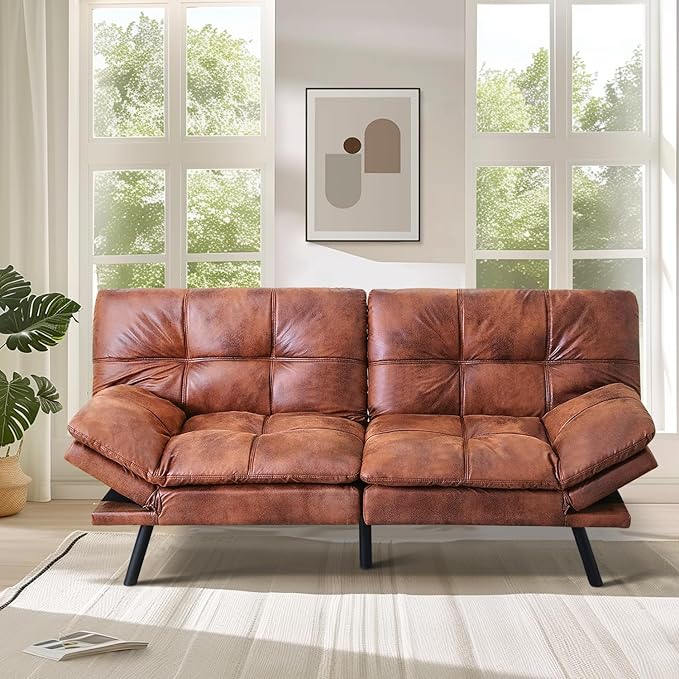 MUUEGM Faux Leather Futon Sofa Bed, Convertible Memory Foam Couch Bed, Modern Love Seat for Living Room,Compact Space,Apartment,Office,Adjustable Backrests Armrests Couch Sleeper,71" Brown - LeafyLoom