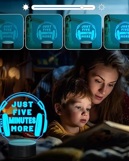Attivolife Just Five Minutes More Night Light, Headphone Graphic Video Games Gamer Room Decor, Funny Gift 3D Illusion Lamp 16 Colors Changing Touch & Remote Control for Men Teenagers Kids - LeafyLoom