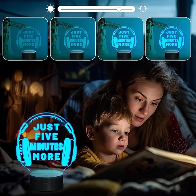 Attivolife Just Five Minutes More Night Light, Headphone Graphic Video Games Gamer Room Decor, Funny Gift 3D Illusion Lamp 16 Colors Changing Touch & Remote Control for Men Teenagers Kids - LeafyLoom
