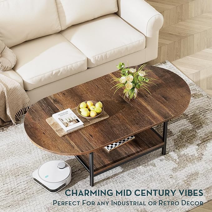 SAYGOER Coffee Table Mid Century Modern Extended Coffee Tables 2-Tier Storage Vintage Table for Living Room Farmhouse Center Table with Two Foldable Panel for Any Large or Small Space, Rustic Brown - LeafyLoom