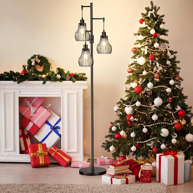 Dimmable Floor Lamp, 3 x 800LM LED Edison Bulbs Included, Farmhouse Industrial Floor Lamp Standing Tree Lamp with Elegant Cage Tall Lamps for Living Room Bedroom Office - Black - LeafyLoom