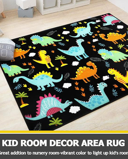 Capslpad Black Dinosaur Kids Play Rug for Boys Bedroom Non Slip Cartoon Kids Area Rug Washable Kids Play Mat for Dinosaur Room Kids Room Nursery Decor,5'2" x 3'3" - LeafyLoom